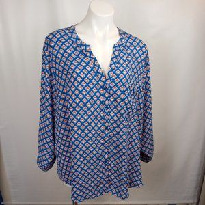 Simply Emma Blue Geometric Print Long Roll Tab Sleeve V- Neck Shirt Women's 3X